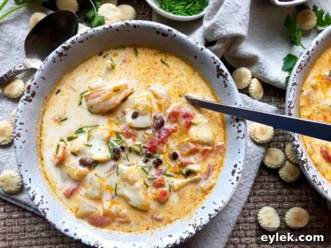 Blushing Seafood Chowder served in a bowl, garnished with chorizo and chives