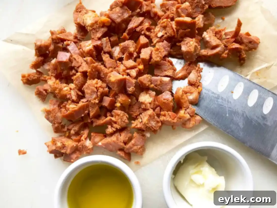 crispy chorizo bits for Blushing Seafood Chowder