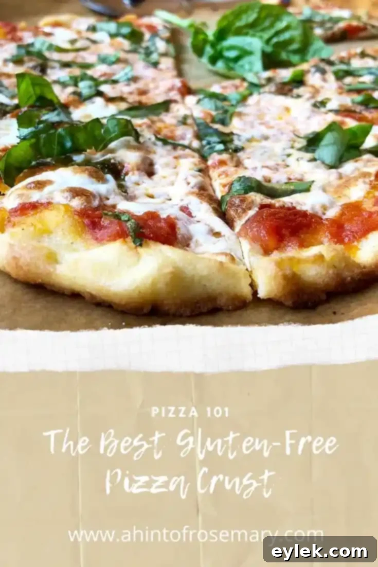 A vibrant, delicious looking gluten-free pizza, showcasing its crispy crust and fresh ingredients, garnished with basil leaves.