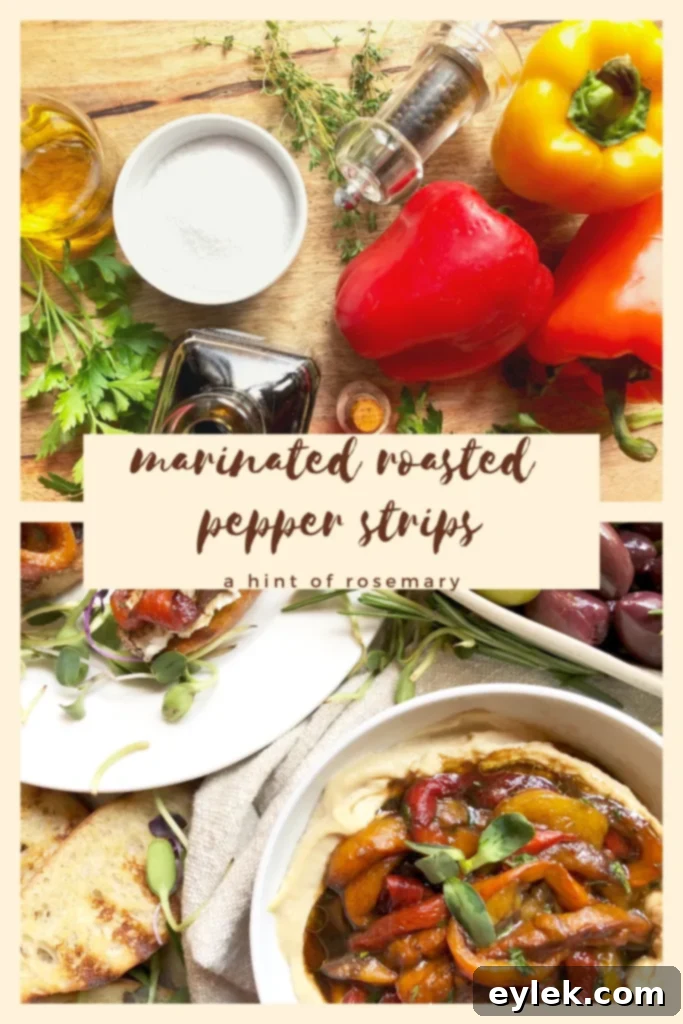 A vibrant bowl of marinated roasted bell pepper strips, garnished with fresh herbs and a drizzle of olive oil.