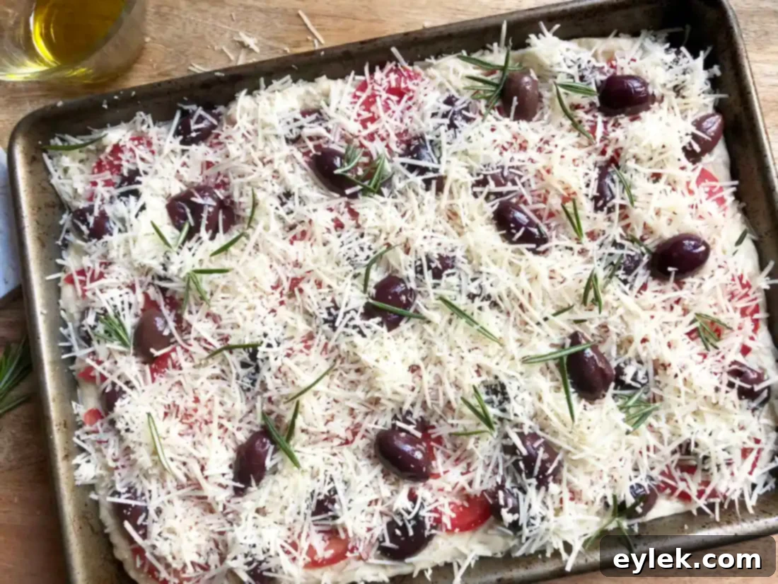 cheesy focaccia with tomatoes & olives