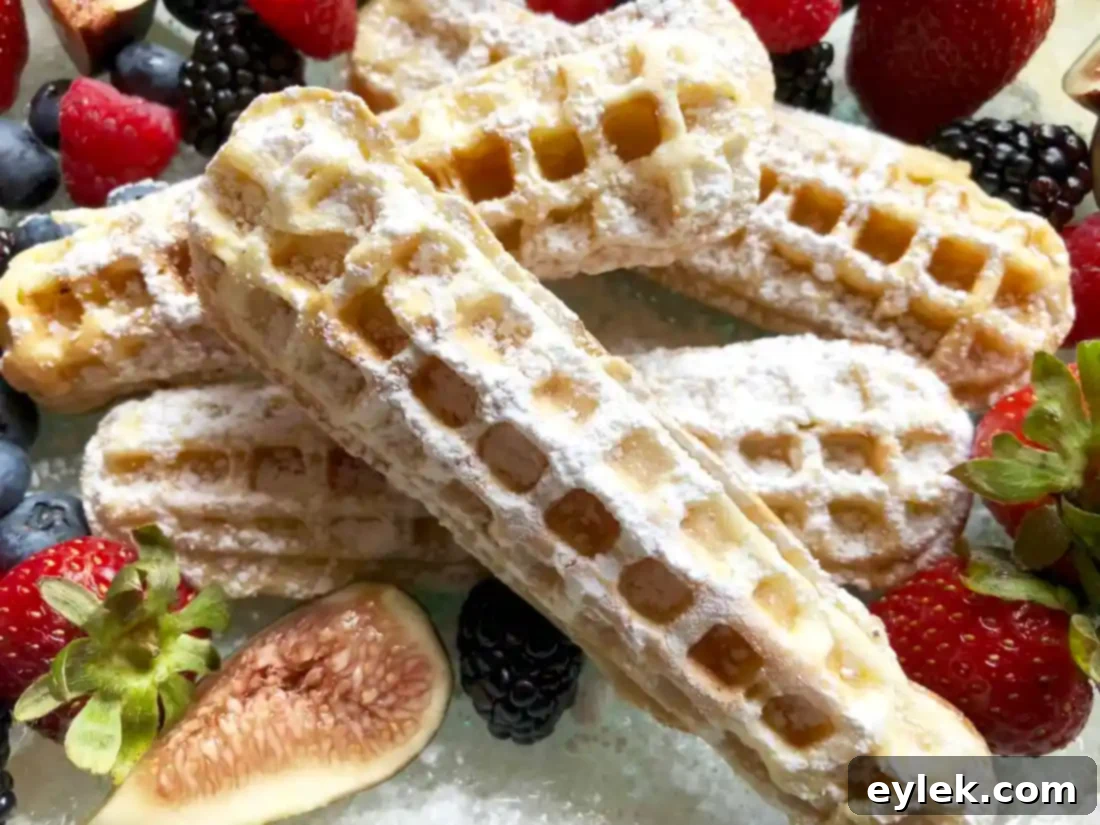 Waffle sticks arranged on a baking sheet to keep warm