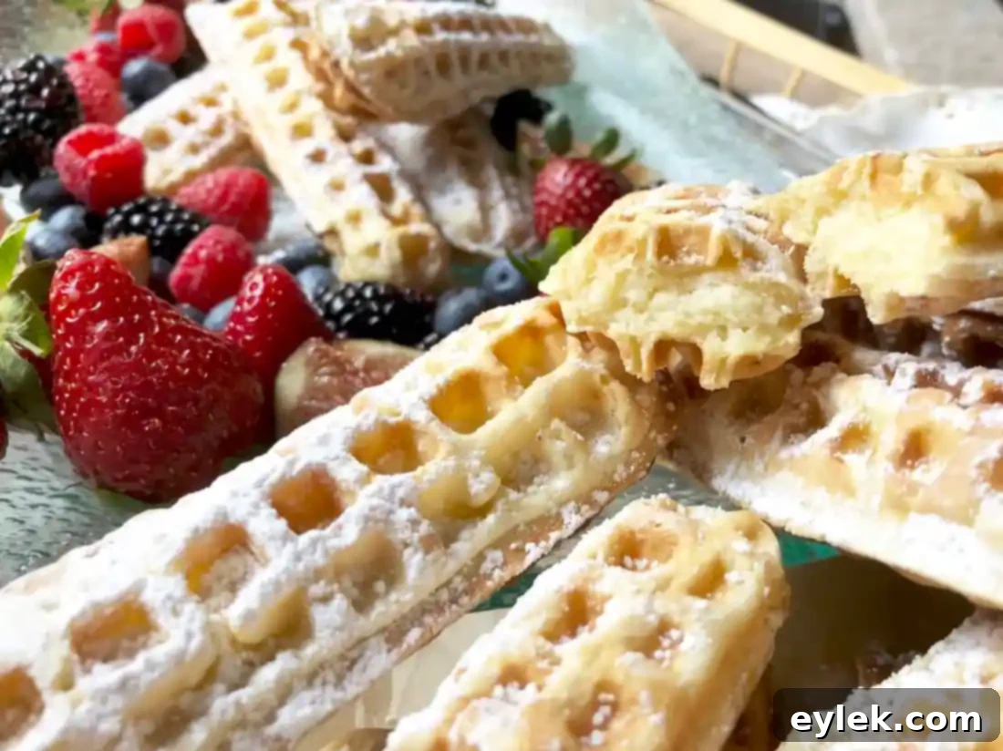 Close-up of golden crispy waffle sticks on a cooling rack