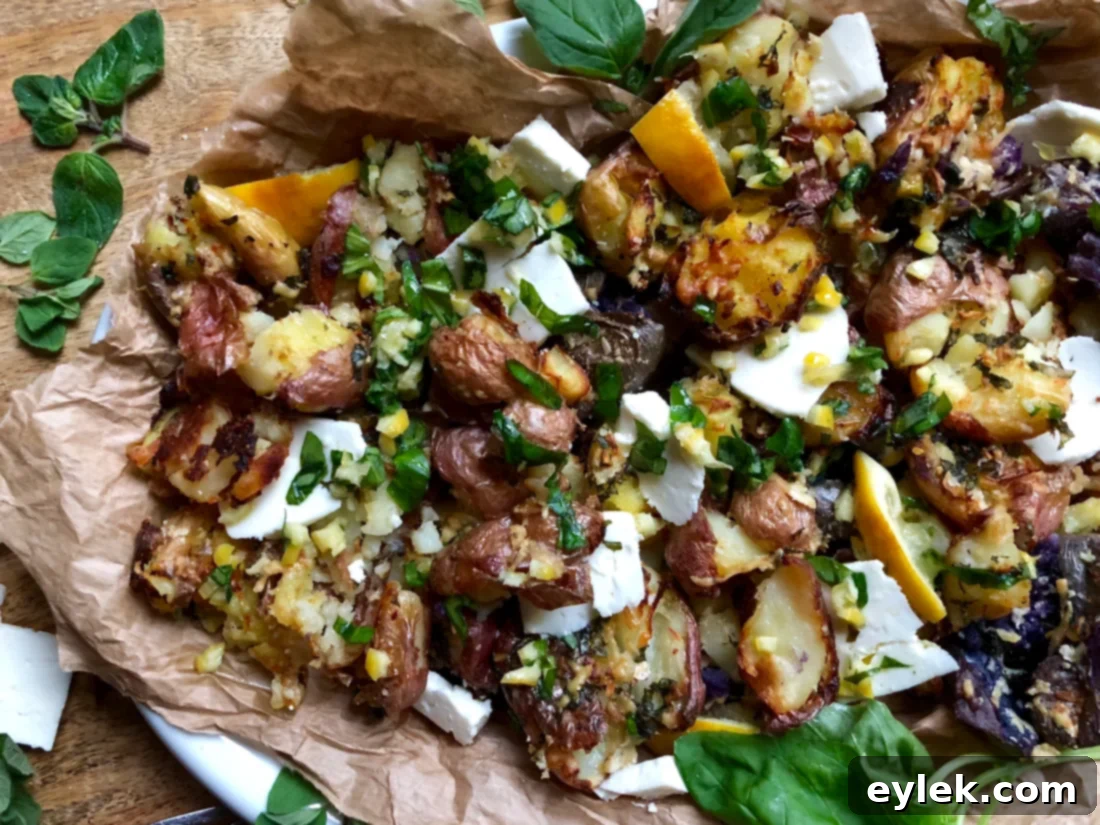 Crispy smashed potatoes with lemon-basil and feta on a platter, ready to serve