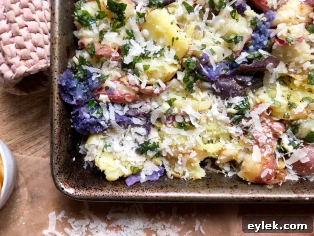 Perfectly golden and crispy smashed potatoes right out of the oven