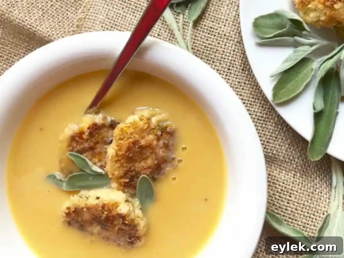 roasted squash soup with chicken croquettes served in a bowl