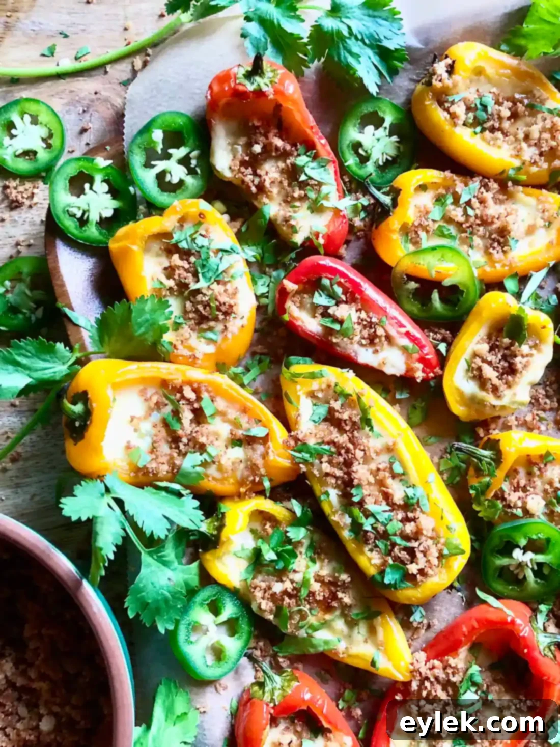 Crowd-Pleasing Queso-Filled Mini Peppers on a festive background