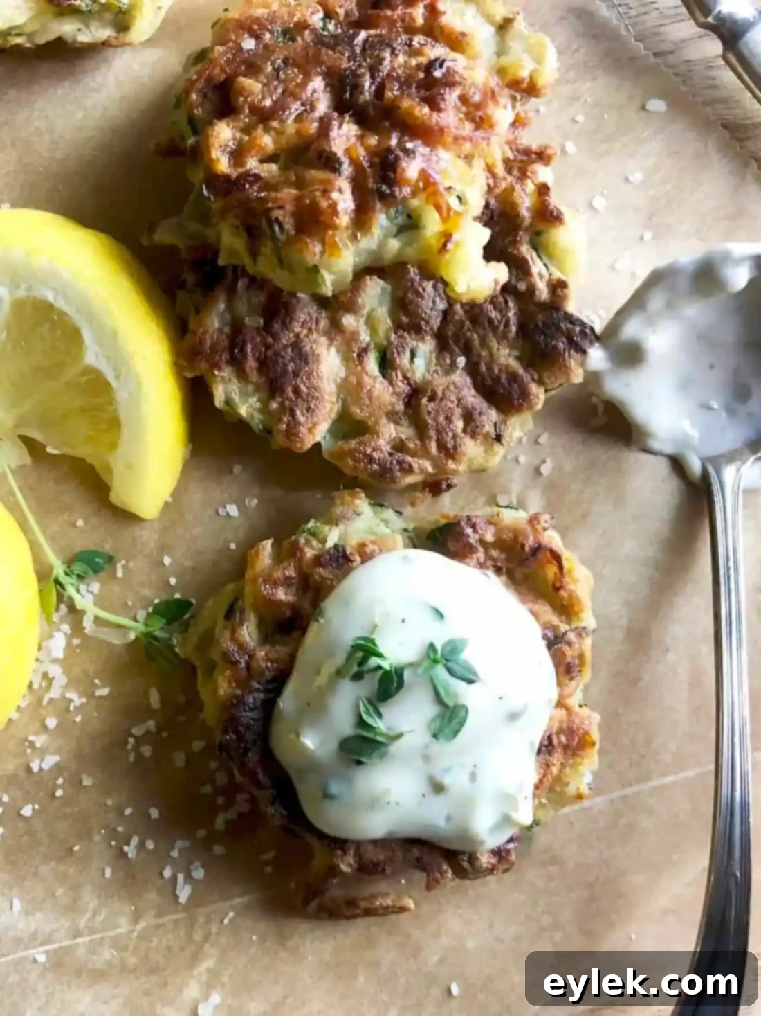 Zucchini Fritters With Lemon Caper Aioli on a plate