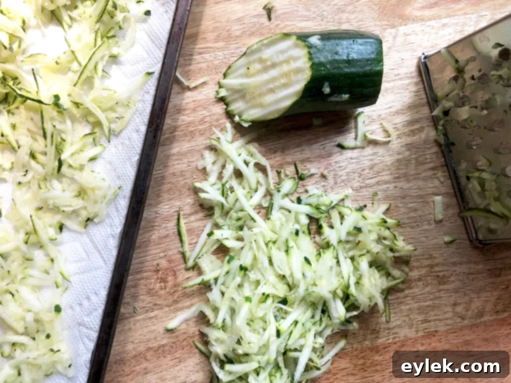 shredded zucchini draining on paper towels