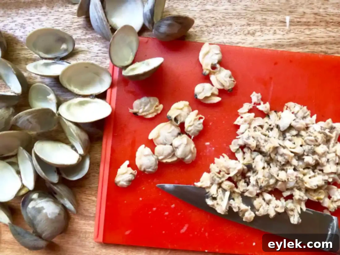 Elevated Manhattan Clam Chowder 10 chopped clams ready to be added to the chowder