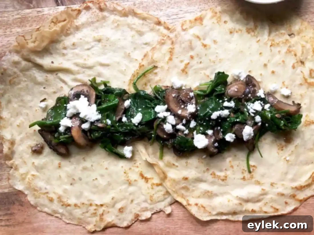 Assembling Savory Crepe Egg Rolls: overlapping crepes