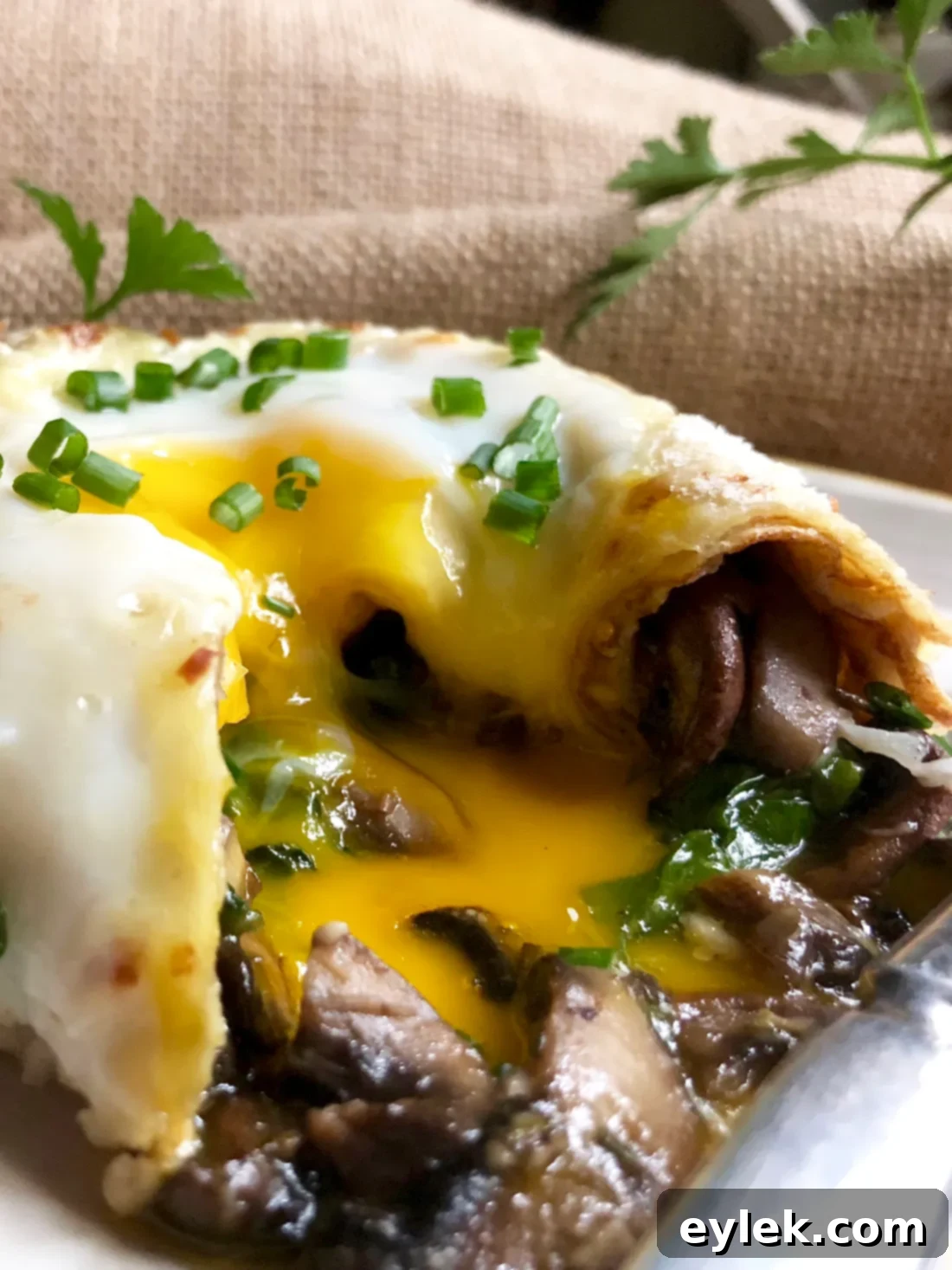 Close-up of baked Savory Crepe Egg Rolls with runny yolks