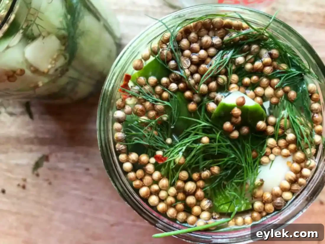 spices and brine added to jars of pickles
