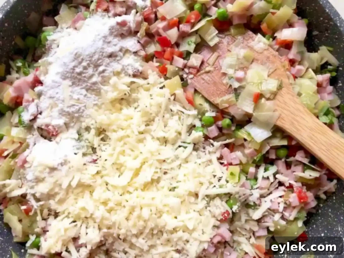 filling in ham & cheese slab pie