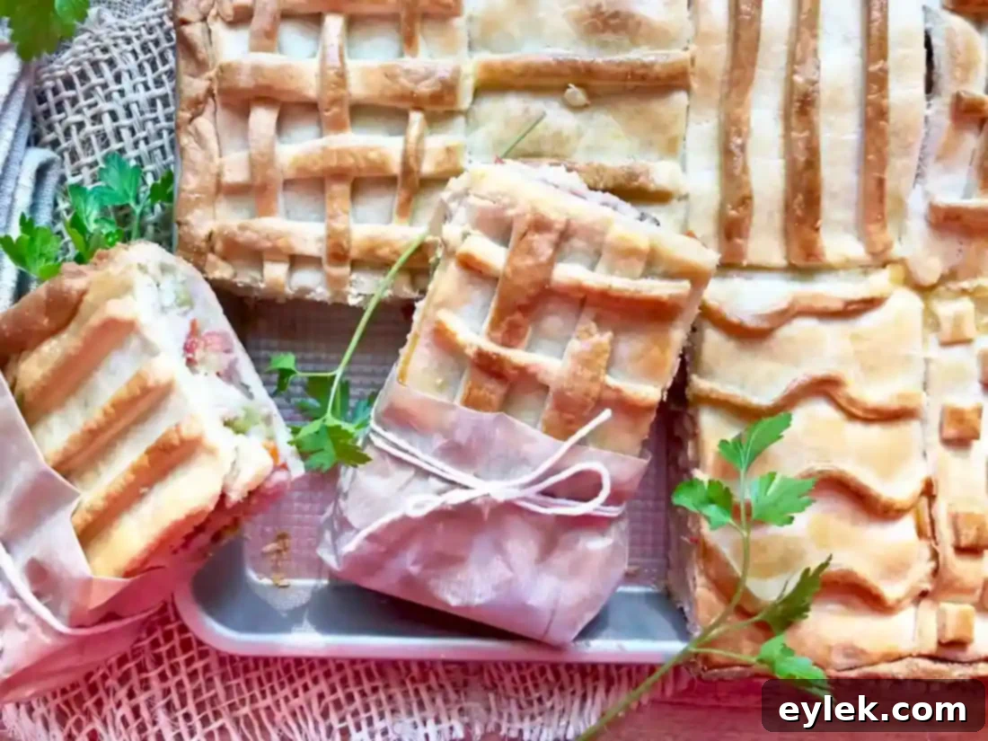ham & cheese slab pie cut into portions