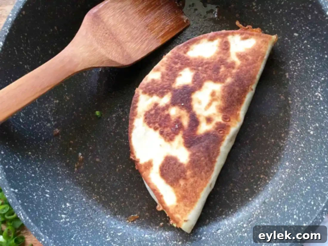 Close-up of a chicken fajita quesadilla wedge, showing the filling and cheese.