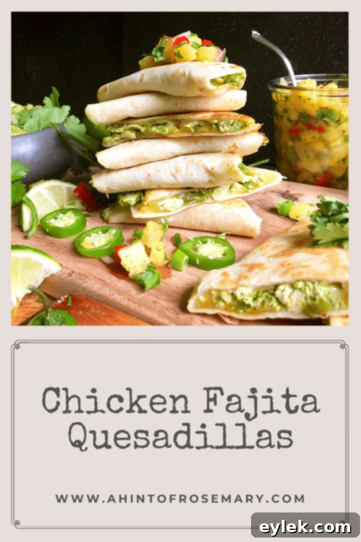 Chicken Fajita Quesadillas on a wooden board with a side of pineapple salsa.