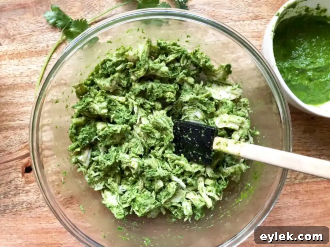 Close-up of shredded chicken fully coated in green chile sauce.