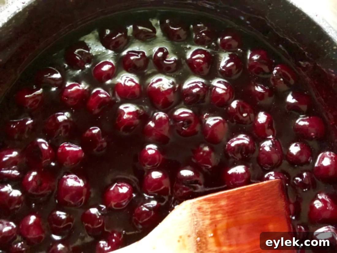 Cherry and red wine sundae sauce poured over ice cream in a bowl