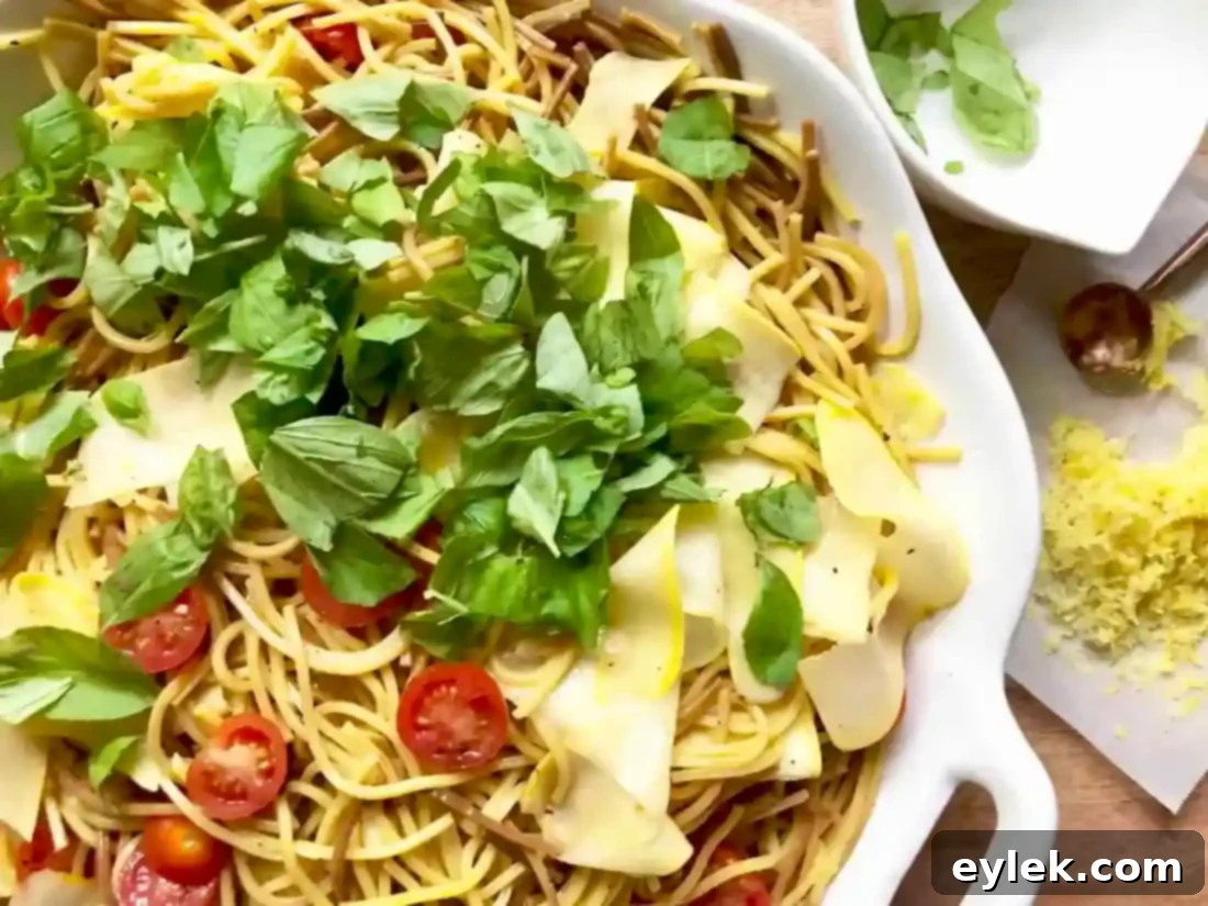 Finished Toasted Saffron Pasta Primavera garnished with basil