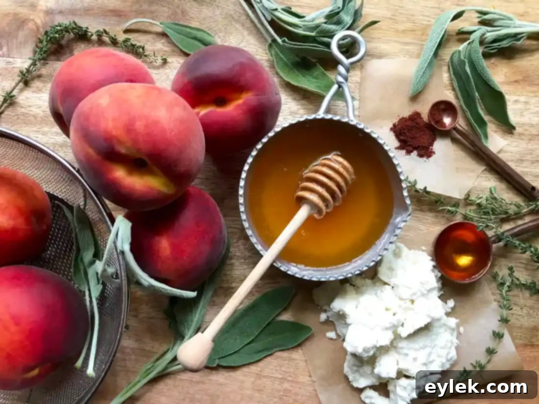 Beautifully plated Grilled Peaches With Honey & Queso Fresco, ready to be enjoyed