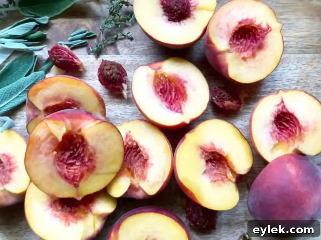 Fresh peaches being halved and pitted for grilling