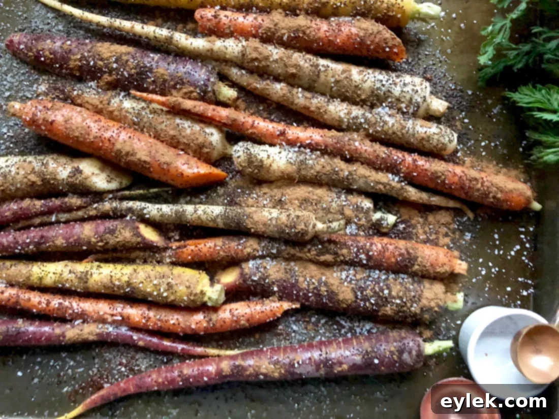Roasted carrots on a baking sheet