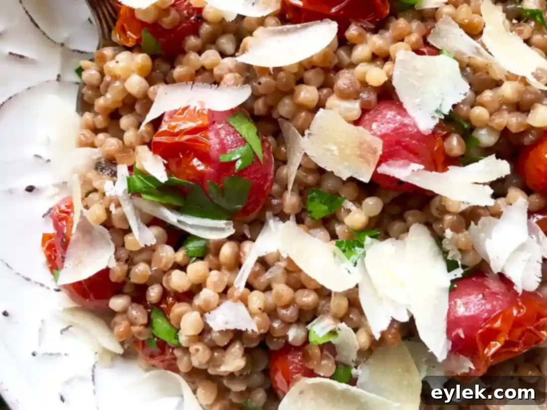 toasted couscous and roasted tomato salad close up