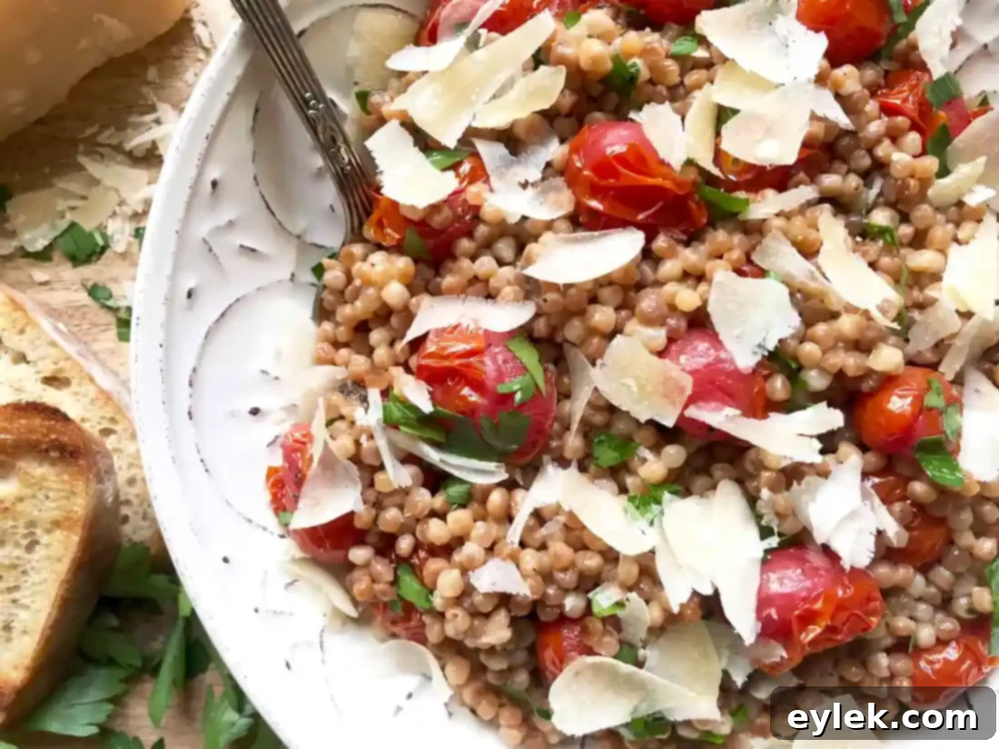 toasted couscous and roasted tomato salad with Parmesan in a bowl