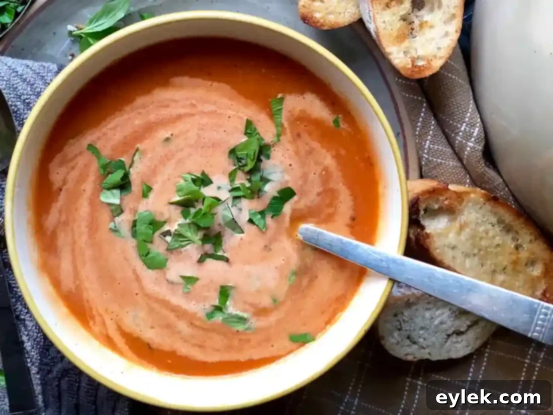 Close-up of creamy roasted tomato soup, garnished with fresh basil leaves.