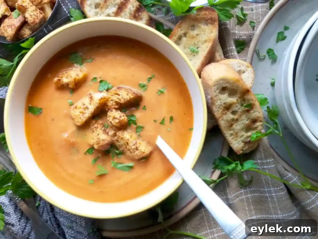 A bowl of creamy roasted tomato soup with a sprig of rosemary.