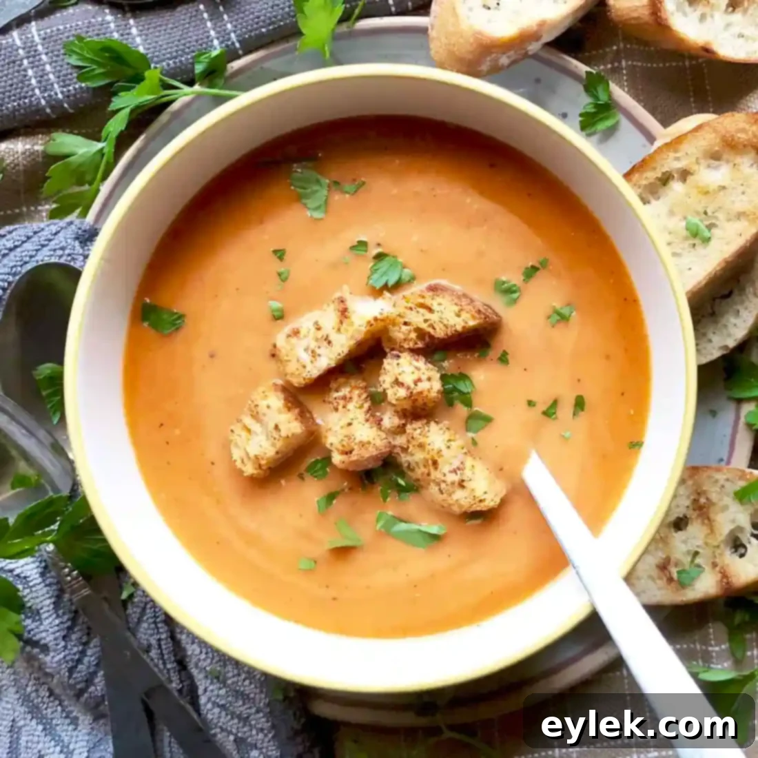 Creamy roasted tomato soup with a grilled cheese sandwich.