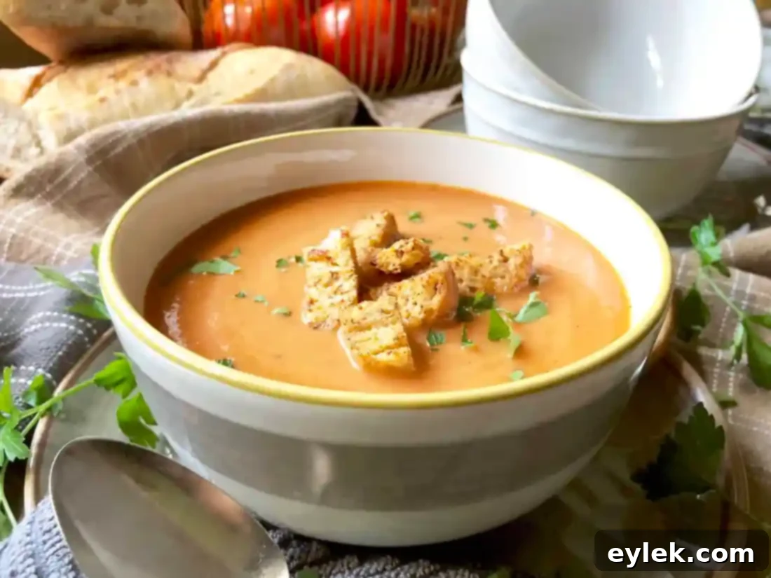 Close-up of a bowl of creamy roasted tomato soup with fresh basil.