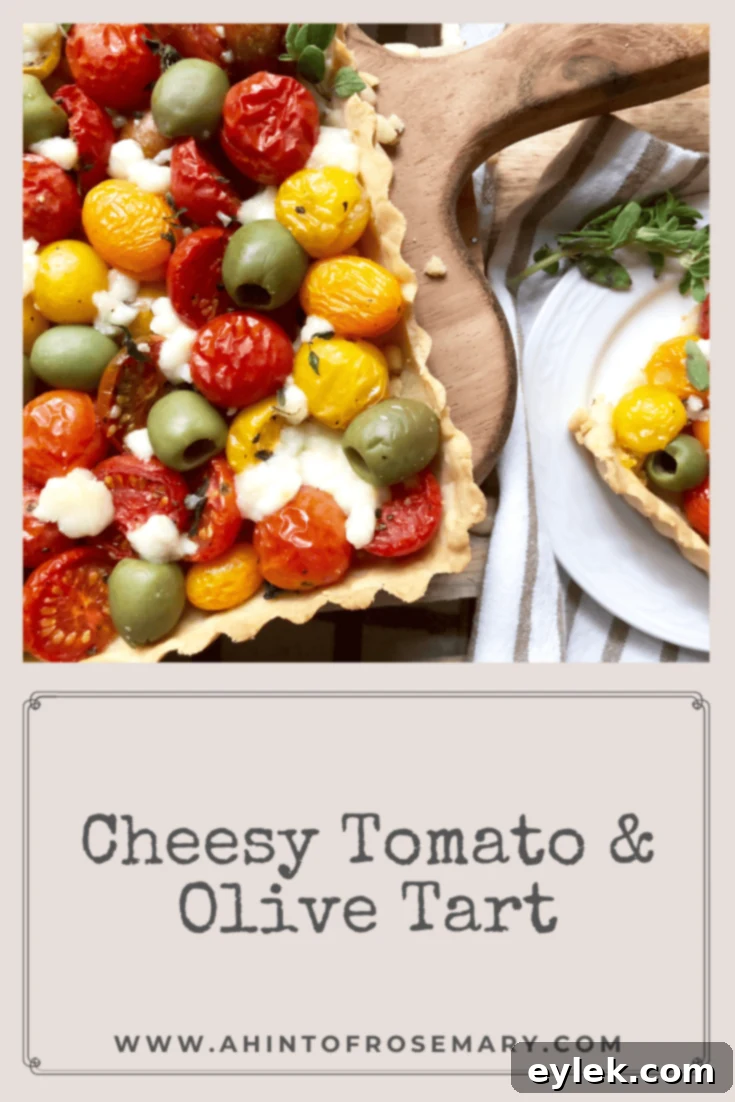 Full Cheesy Tomato & Olive Tart ready to serve