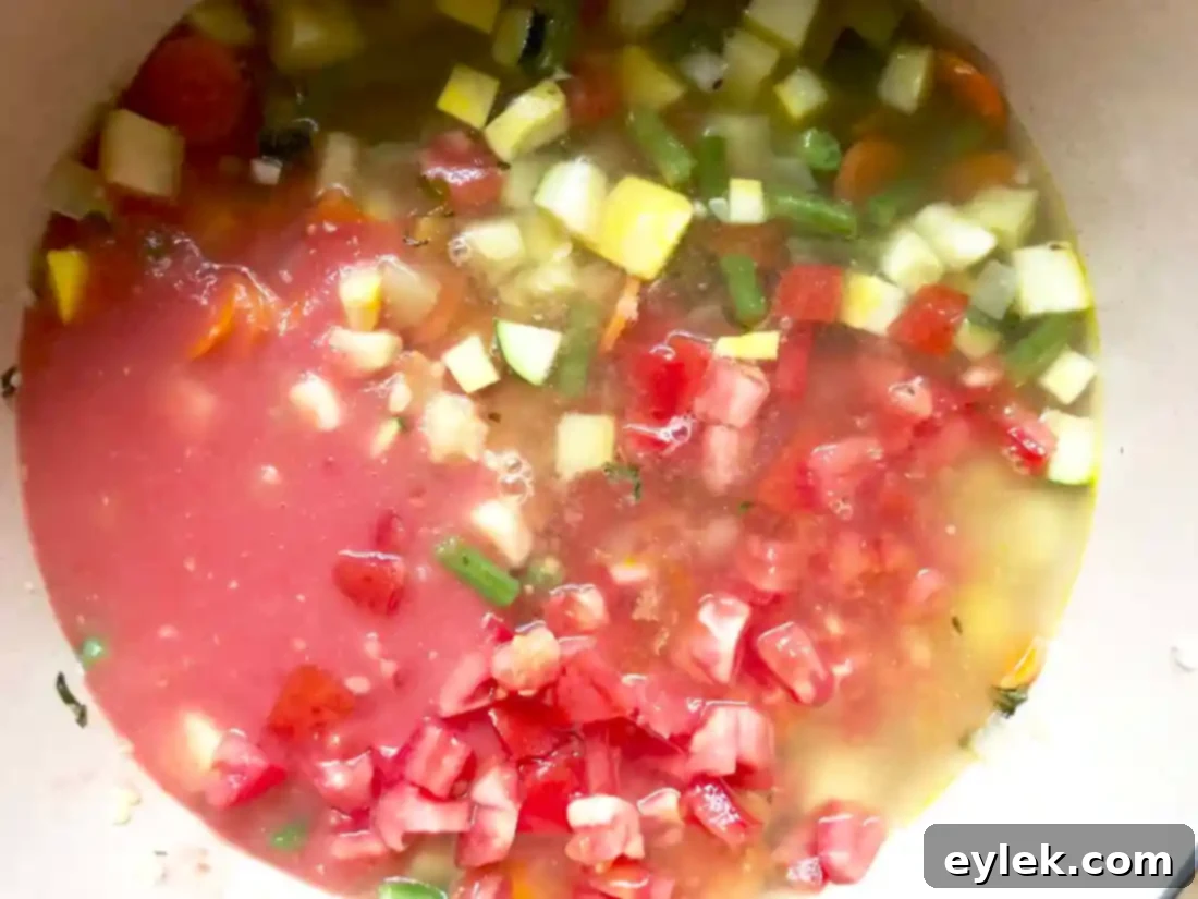 fresh tomatoes and broth simmering for minestrone