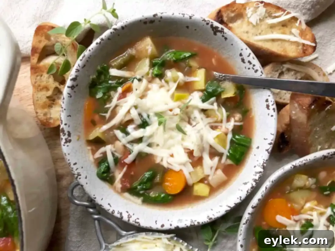 another view of cheesy end-of-season garden minestrone with crusty bread
