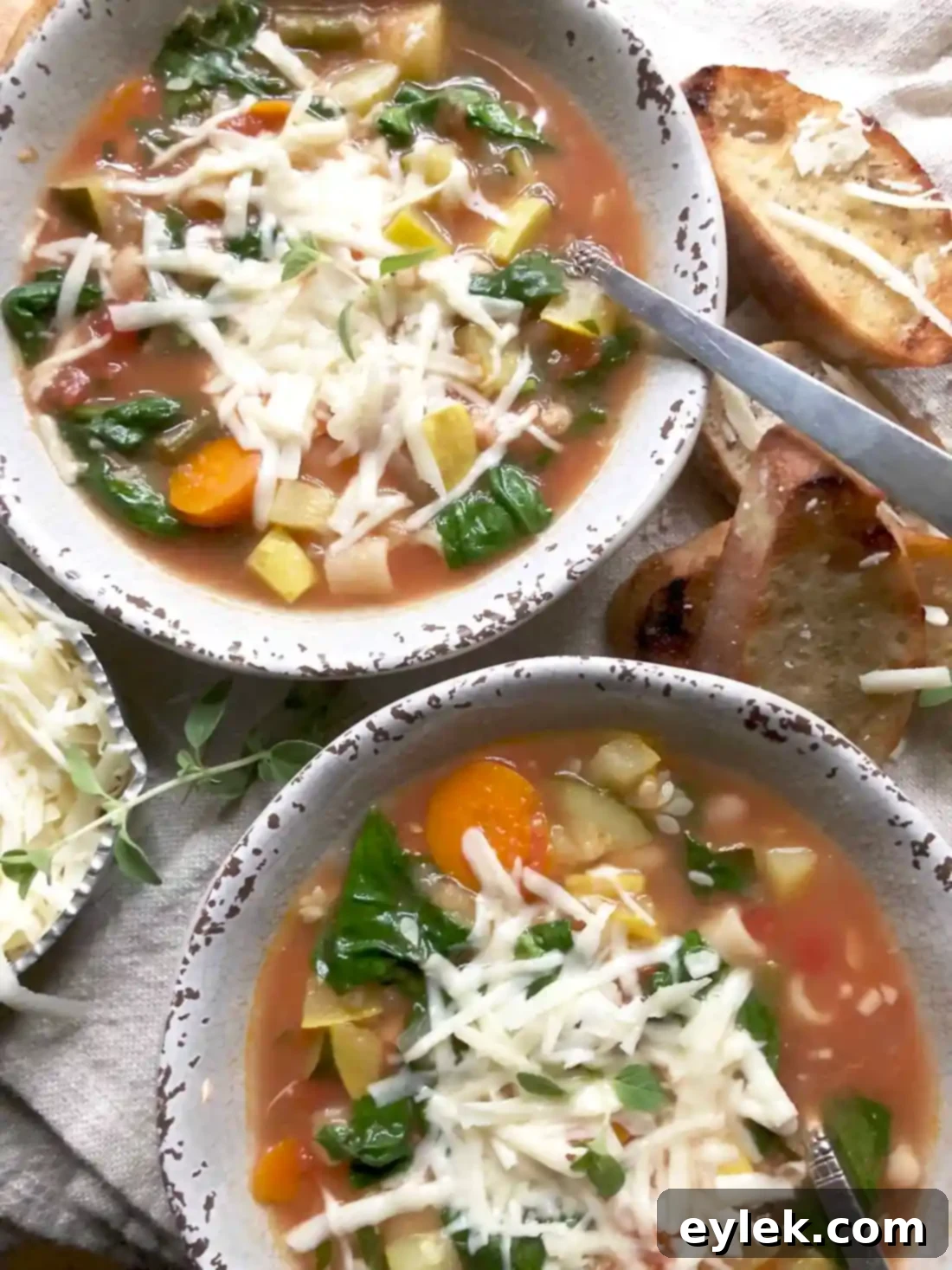 overhead shot of cheesy end-of-season garden minestrone