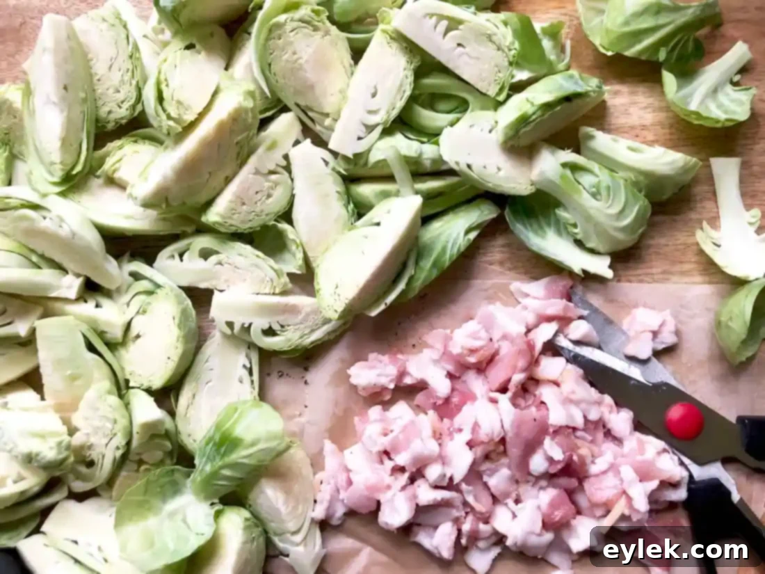 close-up of raw brussels sprouts and diced bacon