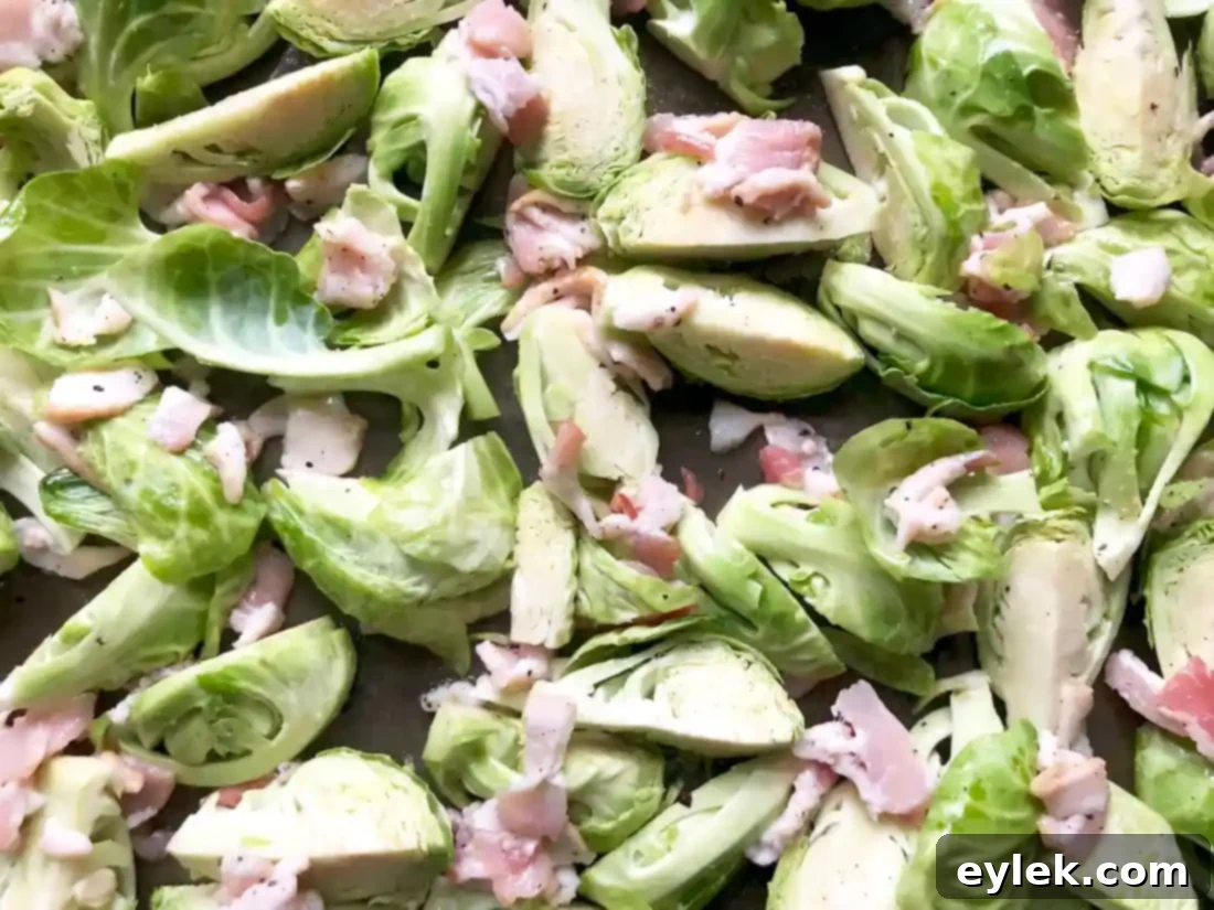 balsamic roasted brussels sprouts with bacon, ready for oven