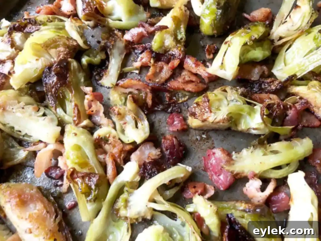 balsamic roasted brussels sprouts with bacon, close up after roasting