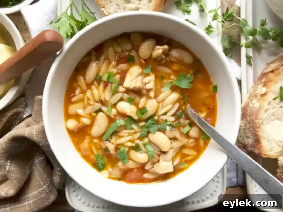 Bowls of Tuscan Chicken & White Bean Soup garnished with fresh parsley