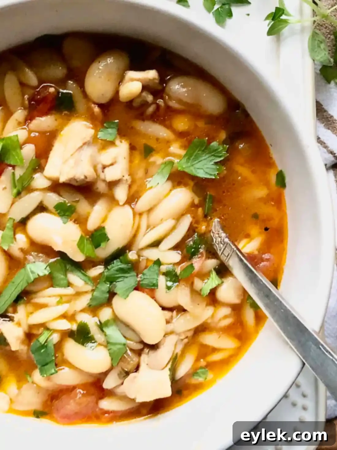 Tuscan Chicken & White Bean Soup served with fresh herbs