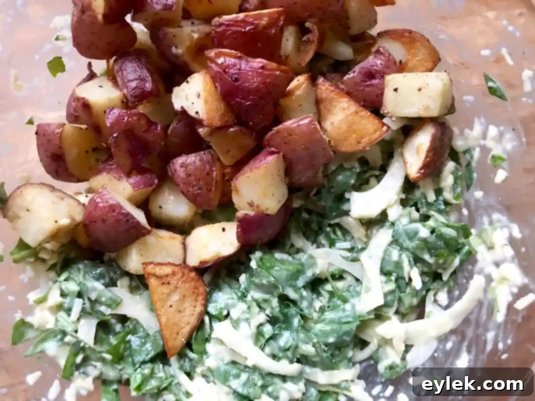 Potato mixture in baking dish, ready for oven