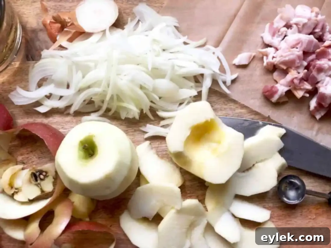 ingredients laid out for sauerkraut with bacon & sautéed apples