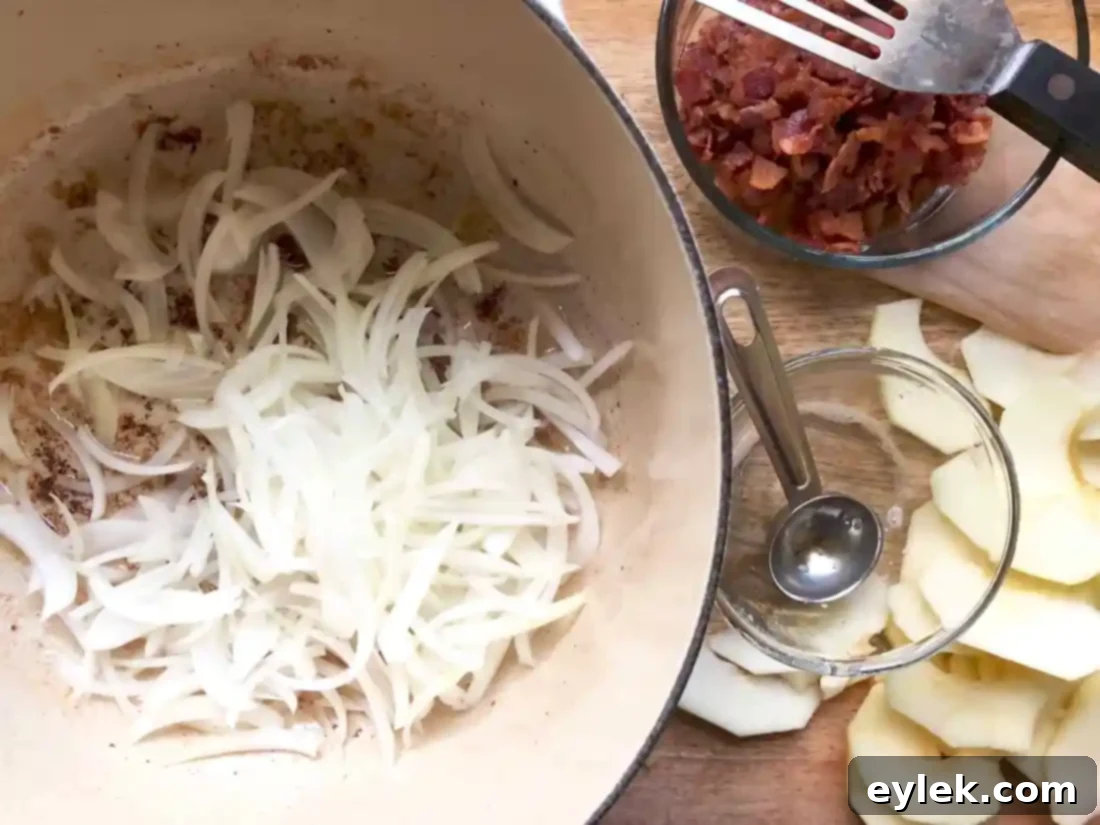 onions sauteing in bacon fat
