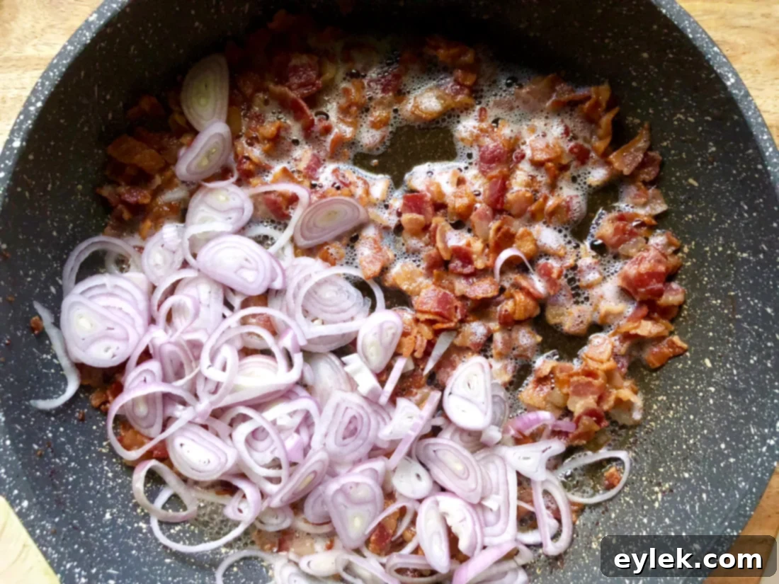 Sautéing shallots and garlic in bacon fat