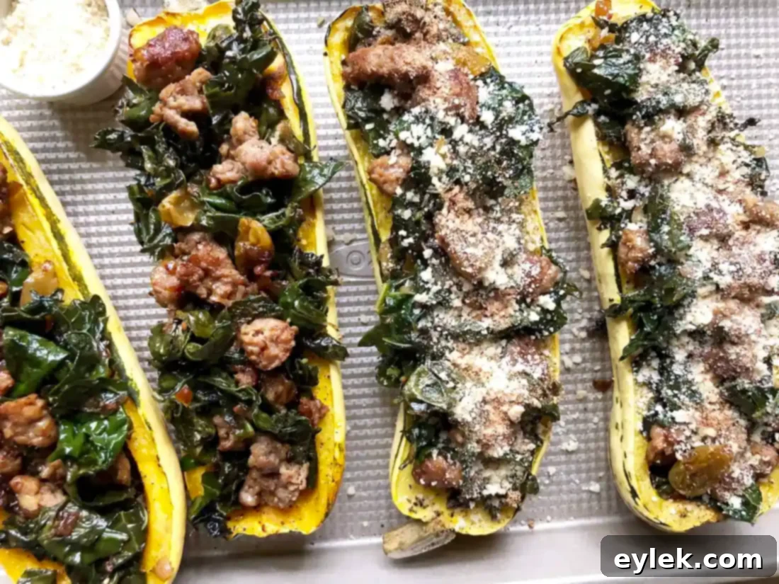 Savory Sausage Stuffed Delicata Squash 14 Plated Sausage Stuffed Delicata Squash, ready for serving.