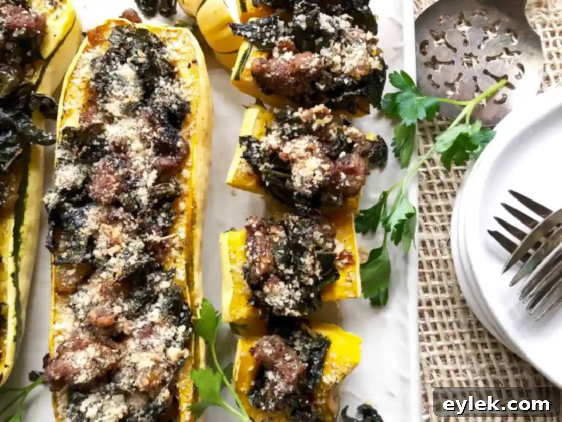 Savory Sausage Stuffed Delicata Squash 17 Beautifully presented Sausage Stuffed Delicata Squash with a side of fresh herbs.