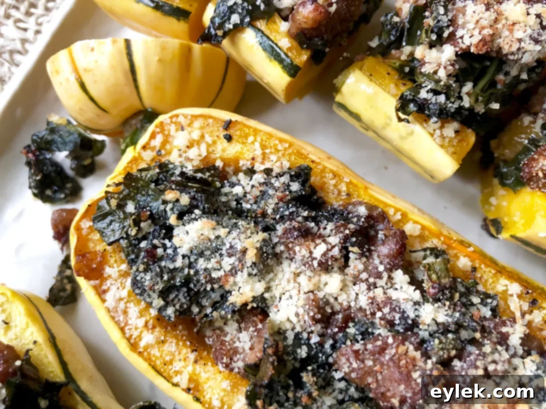 Savory Sausage Stuffed Delicata Squash 18 Sausage Stuffed Delicata Squash on a rustic plate.