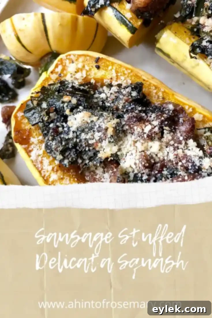 Savory Sausage Stuffed Delicata Squash 20 Beautifully garnished Sausage Stuffed Delicata Squash, ready to be served for a special occasion.